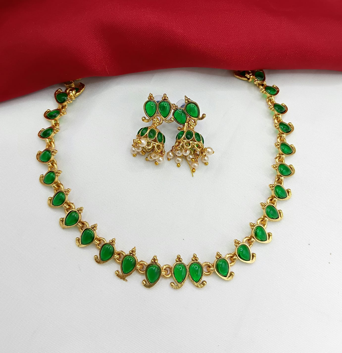 Gold Mango Motif Necklace Set with Ruby & Emerald Stones